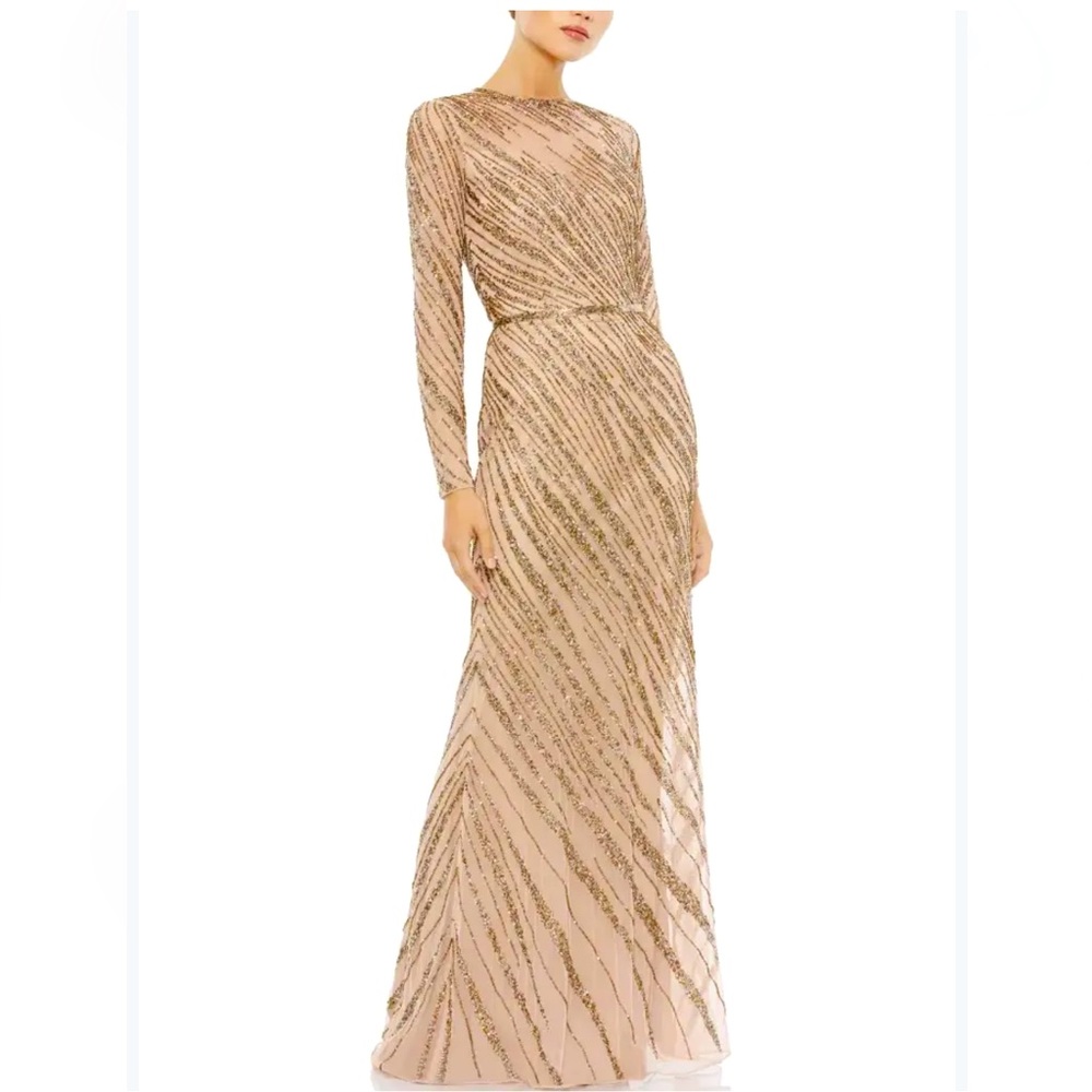 Mac Duggal Blush and Gold Long-Sleeve Sequin Gown